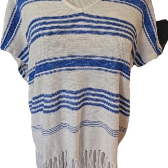 Ralph Lauren L Striped Fringe Poncho Top V-neck fringe hem boho coastal beach - Picture 2 of 7